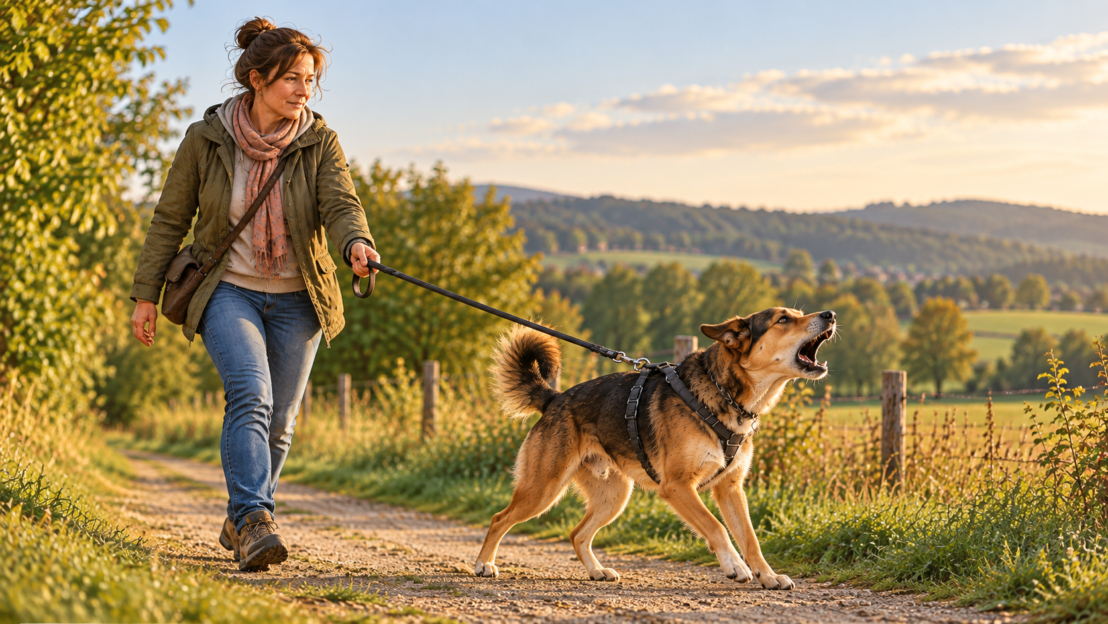 Hund bellt draußen an der Leine, während seine Halterin ihn hält.