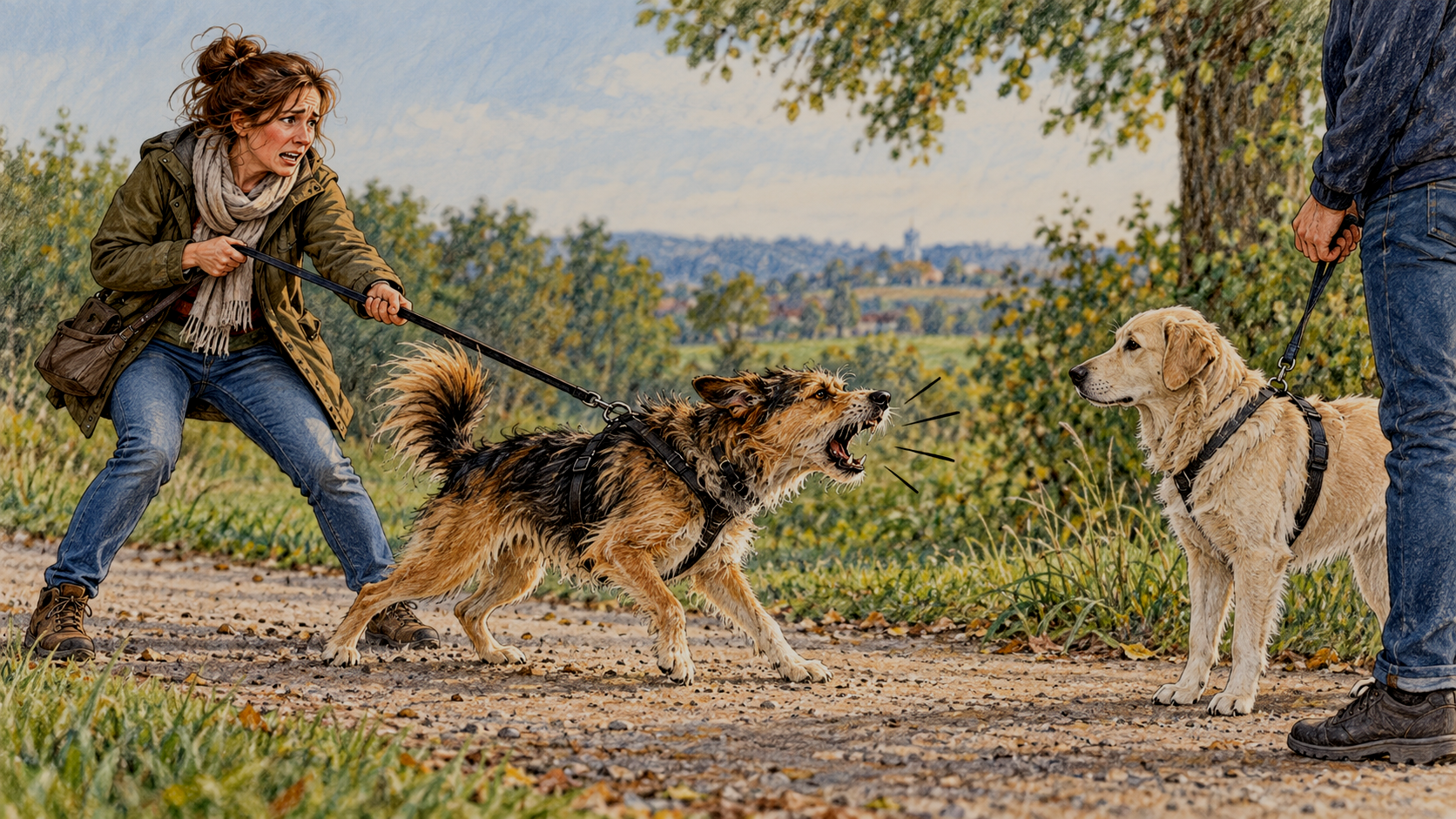 Hund bellt einen ruhigen entgegenkommenden Hund an der Leine an, während seine Halterin ihn zurückhält.