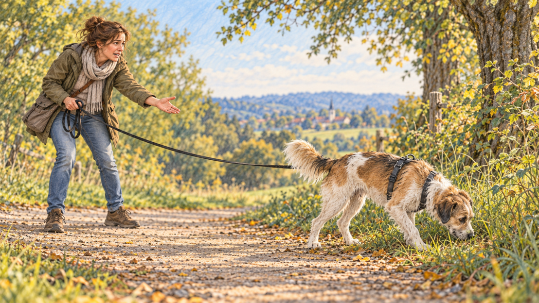Hund schnüffelt am Wegesrand und reagiert nicht auf seine Halterin.