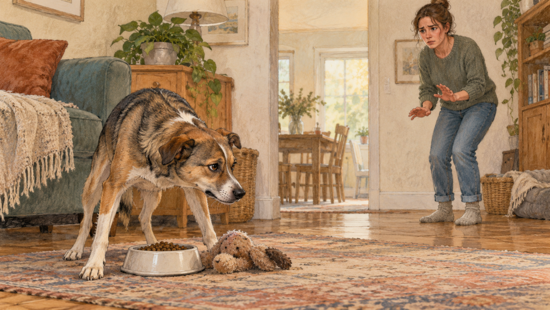 Hund verteidigt Futter und Spielzeug vor einer sich nähernden Person.