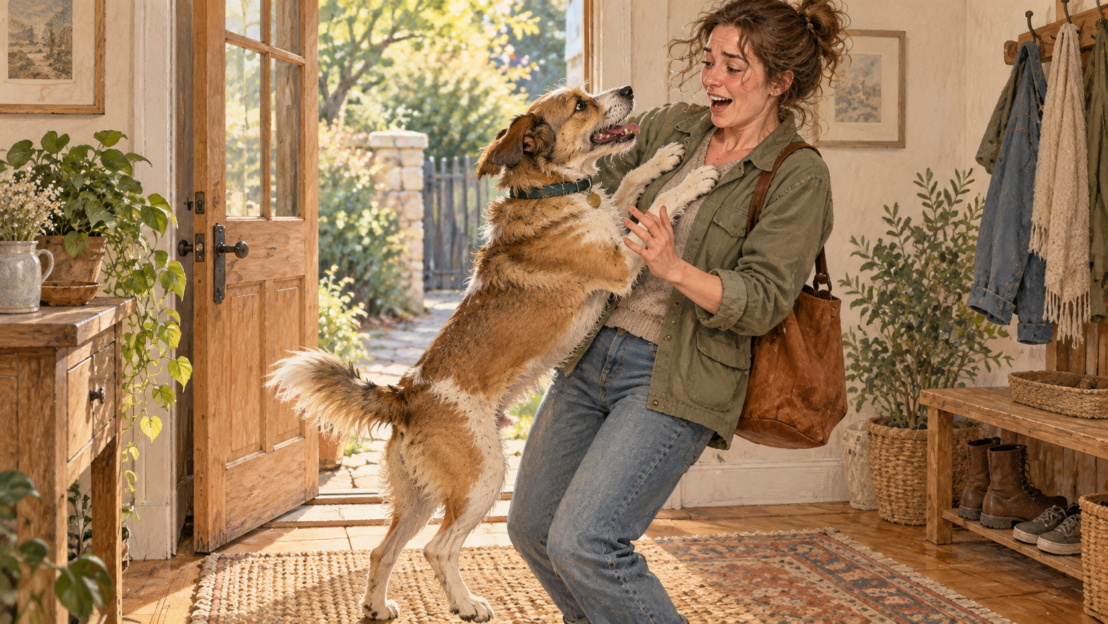 <br />Hund springt eine Frau zur Begrüßung an.