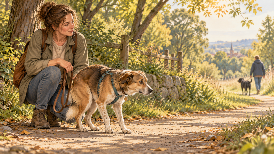 Unsicherer Hund bleibt beim Spaziergang dicht bei seiner Halterin und beobachtet aufmerksam die Umgebung.