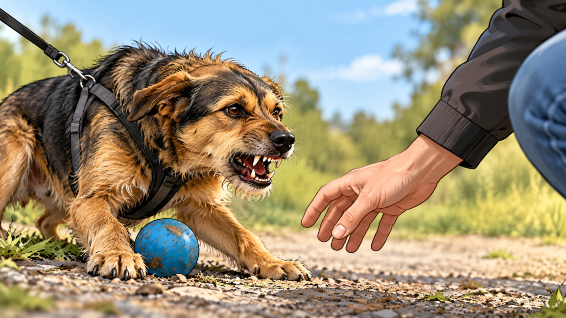 Knurrender Hund verteidigt einen Gegenstand vor einer sich nähernden Hand.