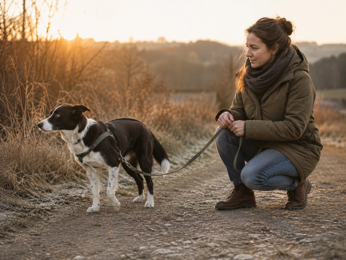 Eine junge Frau beobachtet ihren ängstlichen Hund im Wald.
						