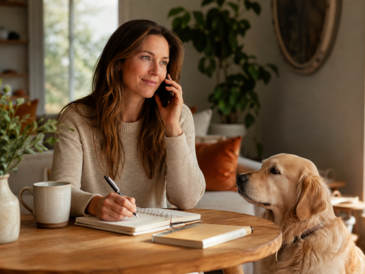 Ein Hundehalterin sitzt an ihrem Kaffeetisch vor dem Tisch sitzt ihr rund und sie telefoniert mit Thorsten Funk der ihr erklärt wie sie mit ihrem Hund vorzugehen hat