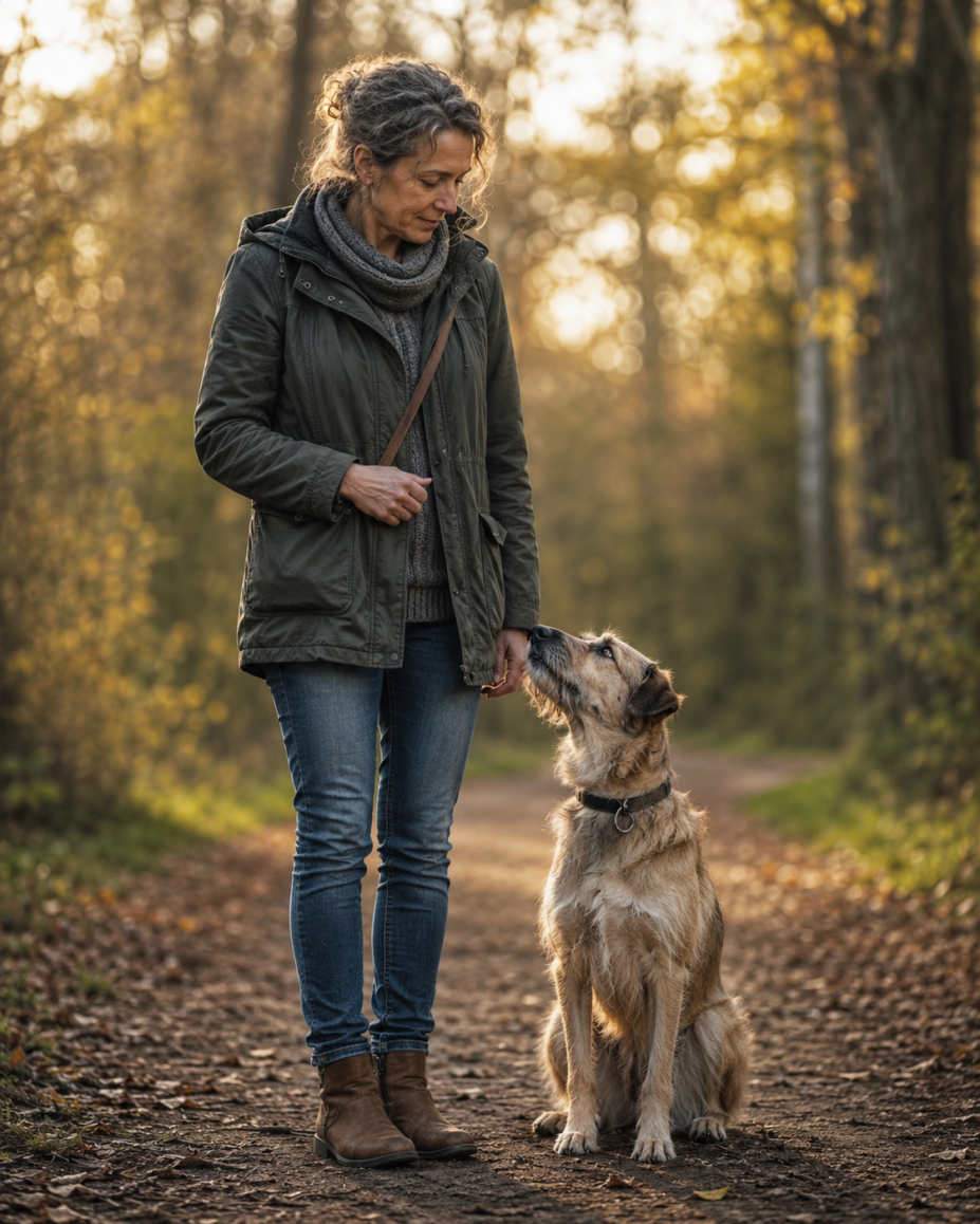 EIne ältere Frau mit ihrem Hund im Wald, der Hund schaut aufmerksam zu .