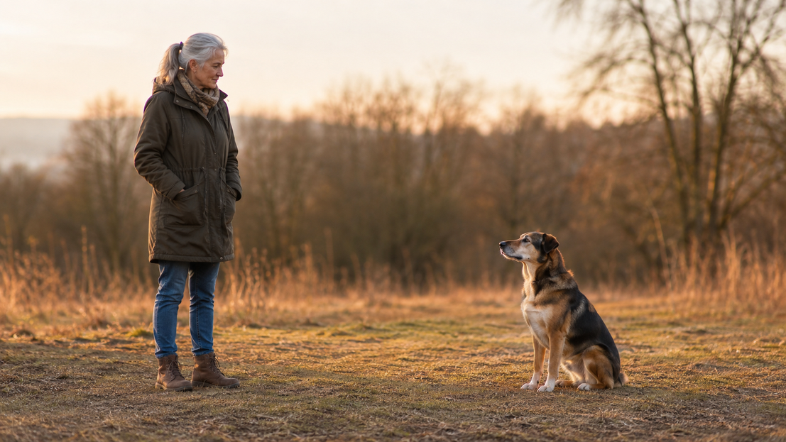 Eine weißhaarige Frau steht im Wald und beobachtet ihren sitzenden Hund
