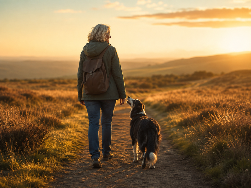 eine Hundehalterin geht mit ihrem Hund durch die Dünen Man sieht auf dem Foto eine Hundehalterin die sehr entspannt mit ihrem Hund durch die Dünenlandschaft spazieren geht