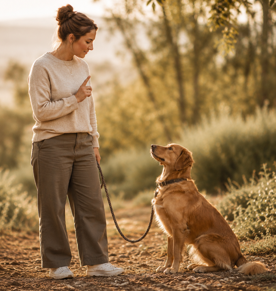 Eine Frau steht vor ihrem Hund und zeigt ihm das Handzeichen für das Kommando Sitz