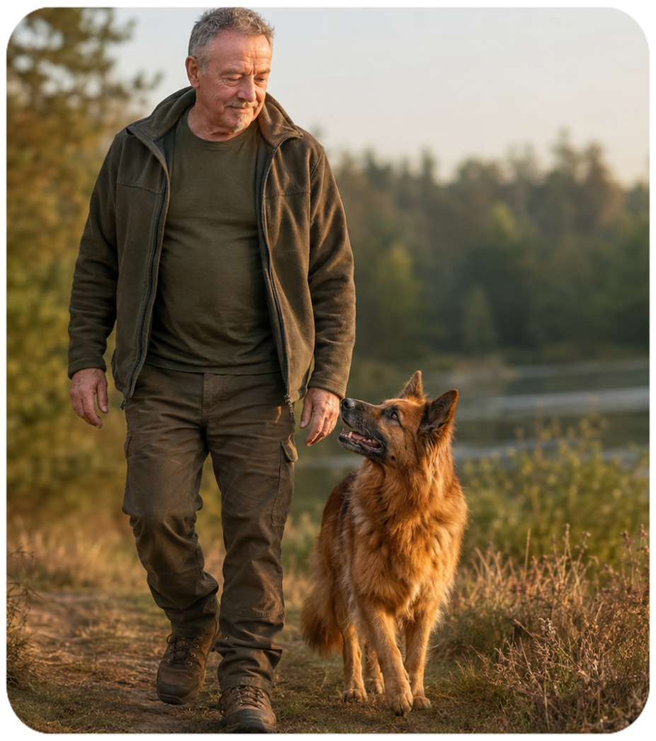 Thorsten Funk geht in der Natur ruhig neben einem Harzer Fuchs, der aufmerksam zu ihm aufblickt.